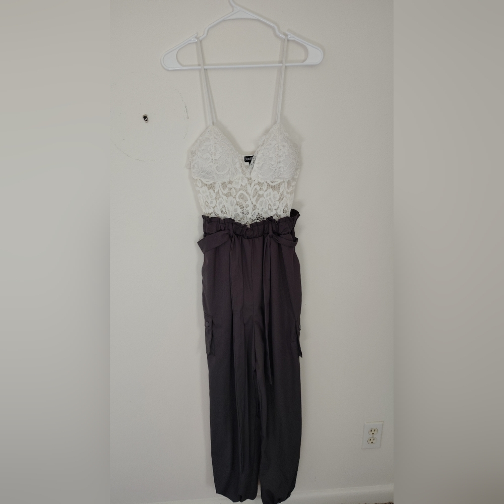 Justify White Lace and Gray Jumpsuit